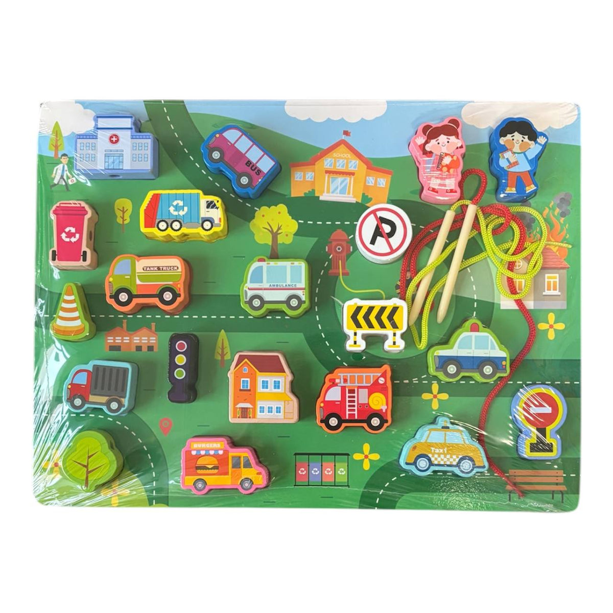 Wooden lacing toy with vehicles and a city-themed board