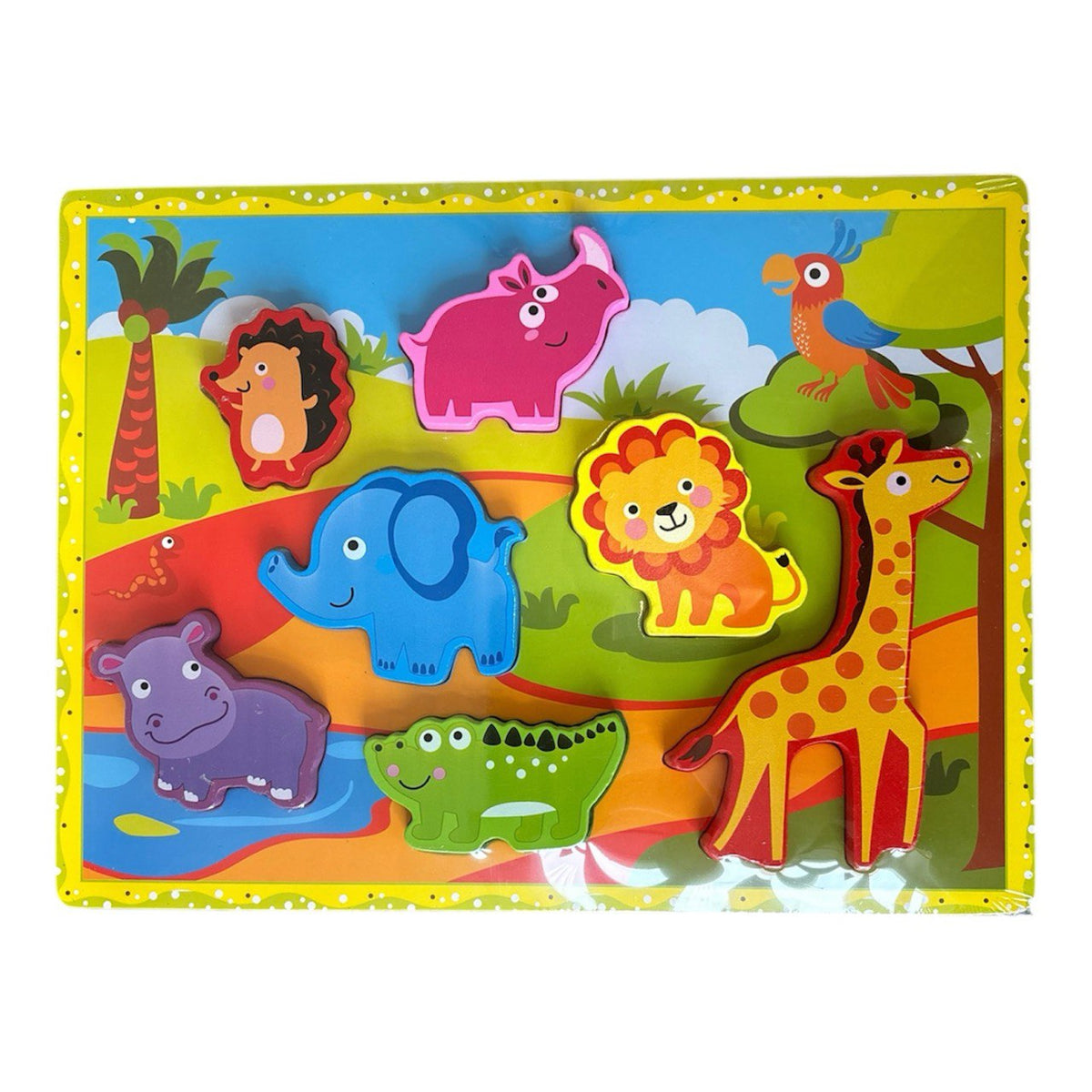Holzpuzzle Dschungel mit Löwe, Giraffe und Nilpferd