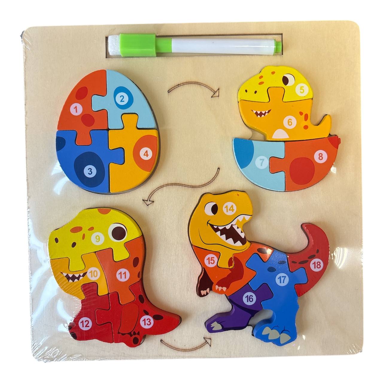 Drewniana układanka ewolucja dinozaura puzzle 3w1 + marker suchościeralny
