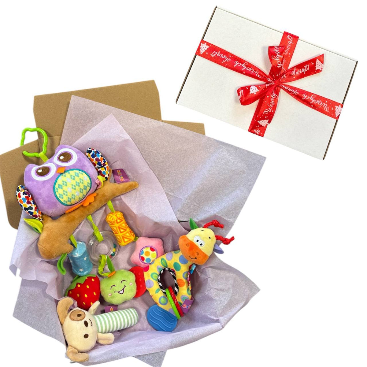 Geschenkset für Babys mit bunter Eule in einer Box
