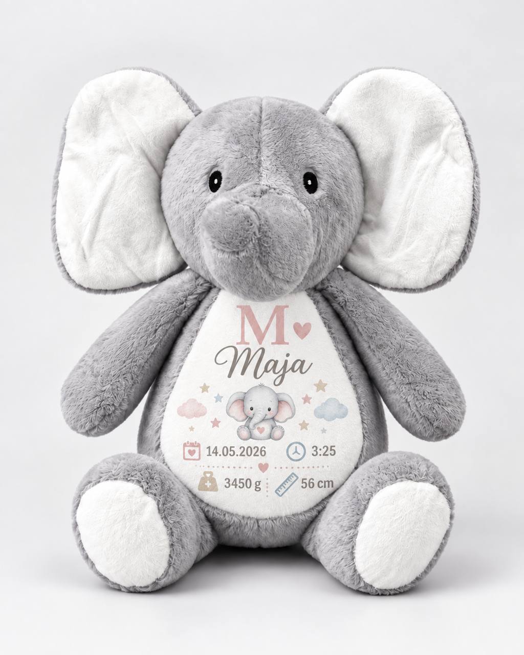 Personalised Plush Elephant with Name and Birth Details – Christening Soft Toy
